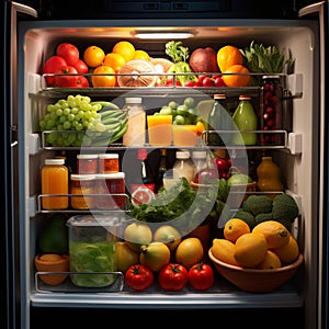 Healthful bounty Opened refrigerator reveals a cornucopia of fresh produce