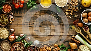 Healthful food ingredients on a rustic wooden table