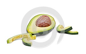 A healthful and fresh half avocado with a large stone, isolated on a white background. Healthful lifestyle. Copy space.