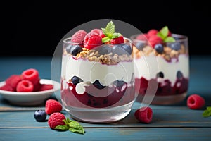 Healthful fusion Homemade raspberry and blueberry yogurt with crunchy granola