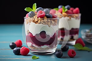 Healthful fusion Homemade raspberry and blueberry yogurt with crunchy granola