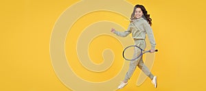 healthy and active lifestyle. sport success. happy childhood. kid jump with racket. Horizontal poster of isolated child
