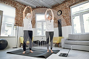 Healthy and active senior couple stretching arms on yoga mat