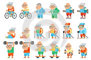 Healthy activities fitness granny grandfather adult old age man woman characters set cartoon flat design vector