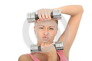 Healthy Aggressive Determined Fit Young Woman Holding Dumb Bell Weights