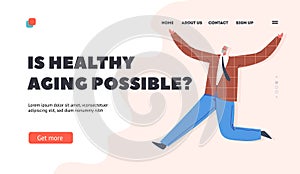 Healthy Aging Landing Page Template. Happy Old Male Character Celebrate Success, Victory, Adult Bearded Businessman