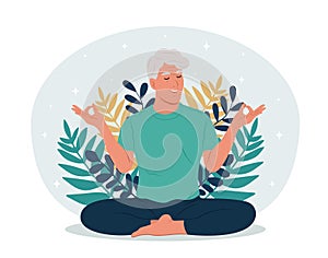 Healthy Aging month. Elderly man with closed eyes meditating in yoga lotus posture.