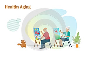 Healthy aging, senior lifestyle. Happy elderly couple painting canvas for relaxation and recreation activities