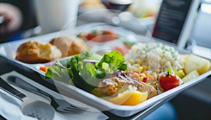 Healthy airplane meal with fresh ingredients served on a tray table, emphasizing nutritious in-flight dining options