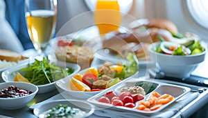 Healthy airplane meal with fresh ingredients served on a tray table, emphasizing nutritious in-flight dining options