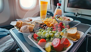 Healthy airplane meal with fresh ingredients served on a tray table, emphasizing nutritious in-flight dining options