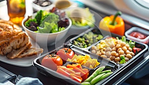 Healthy airplane meal with fresh ingredients served on a tray table, emphasizing nutritious in-flight dining options