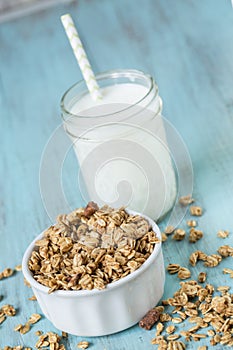 Healthy Almond Breakfast Granola With Glass of Milk