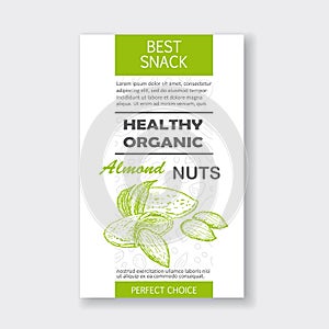 Healthy almond nut vertical label. Vector packaging design.