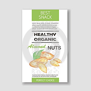 Healthy almond nut vertical label. Vector packaging design.