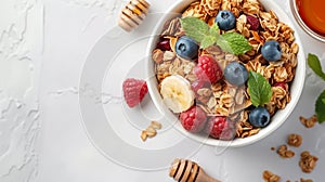 Healthy american breakfast granola with berries and honey on bright white background, space for text