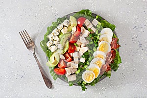 healthy American Cobb salad with egg bacon avocado chicken tomato. hearty keto low carb diet photo