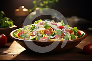 Healthy and appetizing salad sits prominently atop the table