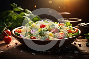 Healthy and appetizing salad sits prominently atop the table