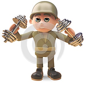 Healthy army soldier exercising with weights, 3d illustration