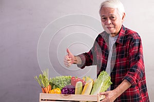 Healthy Asian senior man with crate full of fruits and vegetables