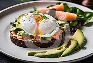 Healthy avocado, poached egg, and salmon breakfast on black bread - gourmet morning meal