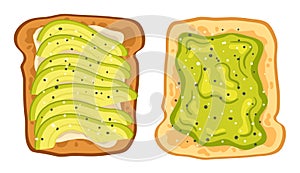 Healthy avocado toast. Bread topped with avocado and sesame seeds, nutritious breakfast meal vector illustration