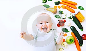 Healthy baby child nutrition, food background, top view.