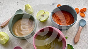 Healthy baby food in bowls