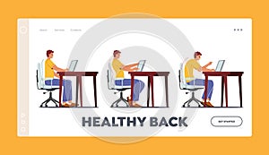 Healthy Back Landing Page Template. Right and Wrong Sitting Postures. Character Sit at Correct and Incorrect Positions