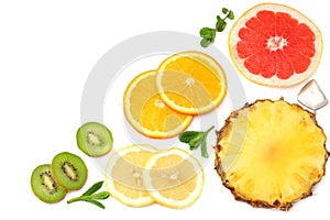 healthy background. slices of grapefruit, kiwi fruit, orange and pineapple isolated on white background top view