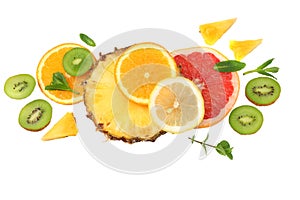 healthy background. slices of grapefruit, kiwi fruit, orange and pineapple isolated on white background top view