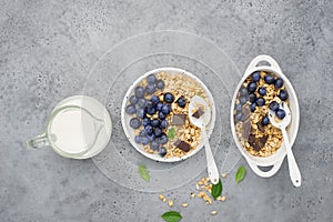 Healthy balanced breakfast. Whole grain caramel granola, fresh organic blueberries. Minimalism.