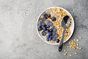 Healthy balanced breakfast. Whole grain caramel granola, fresh organic blueberries. Minimalism.