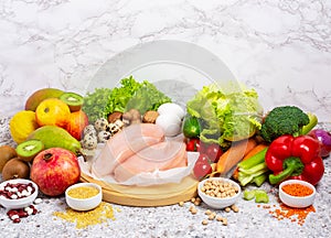 Healthy balanced food backgraund. Organic meat, vegetables, fruits, cereals, legumes, eggs on the gray backgraund, top view, copy