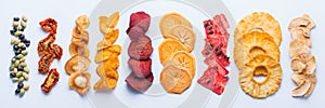 Dried fruits and vegetables, dehydrated chips photo