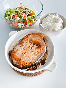 Healthy balanced meal lunch plate - baked salmon