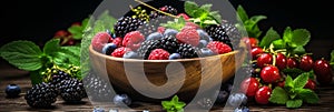 Healthy banner with ripe berries in bowl - blueberries, blackberries, raspberries