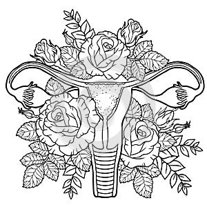 Healthy Beauty Female Reproductive System Made of Blossom Flowers. Vector coloring for adult