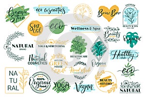 Healthy, beauty, spa and yoga lettering quotes. Hand drawn logos for organic cosmetics products vector illustration set