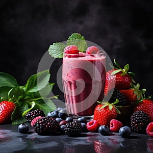 Healthy berry smoothie with raspberry, blackberry, blueberry and mint on dark background.