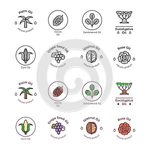 Healthy bio cosmetics oil linear logos. Organic cosmetics ingredients icons set