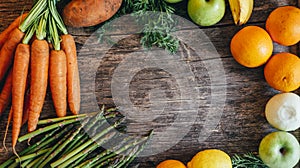 Healthy bio food ingredients frame background from above. Top view of organic superfood border on rustic  wooden table. Colorful