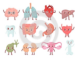 Healthy biological organ. Smiling lung, happy heart and funny brain. Smile organs cartoon isolated character vector set