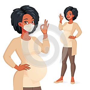 Healthy black pregnant woman in mask showing OK. Vector character.