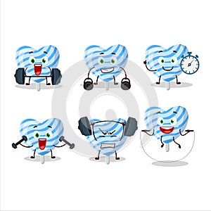 A healthy blue love candy cartoon style trying some tools on Fitness center