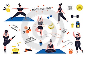 Healthy body. Woman body positive lifestyle with characters performing sport dancing, fitness exercises and yoga. Vector
