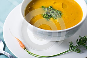 Healthy bowl of Fall pumpkin soup