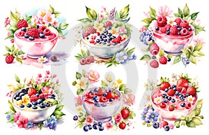 Healthy bowl set, Yoghurt with berries and grains, Watercolor illustrations set on white background