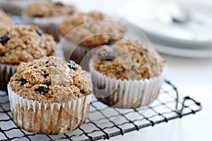 Healthy bran muffins on cooling tray